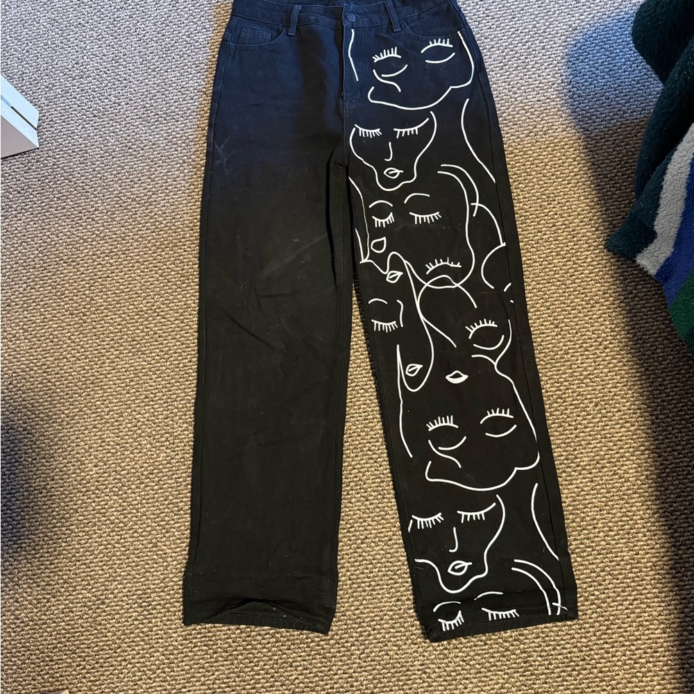 SHEIN Black Pants with White Artistic Design